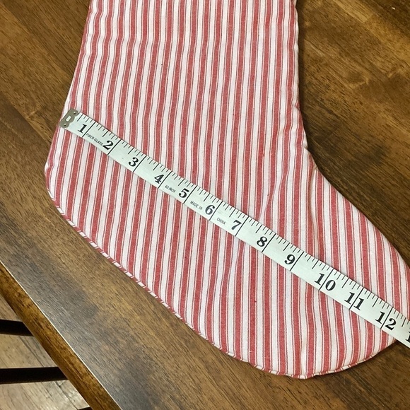 RAE DUNN "PEACE LOVE JOY" RED TICKING STRIPE CHRISTMAS STOCKINGS SET OF 3 - Picture 10 of 12